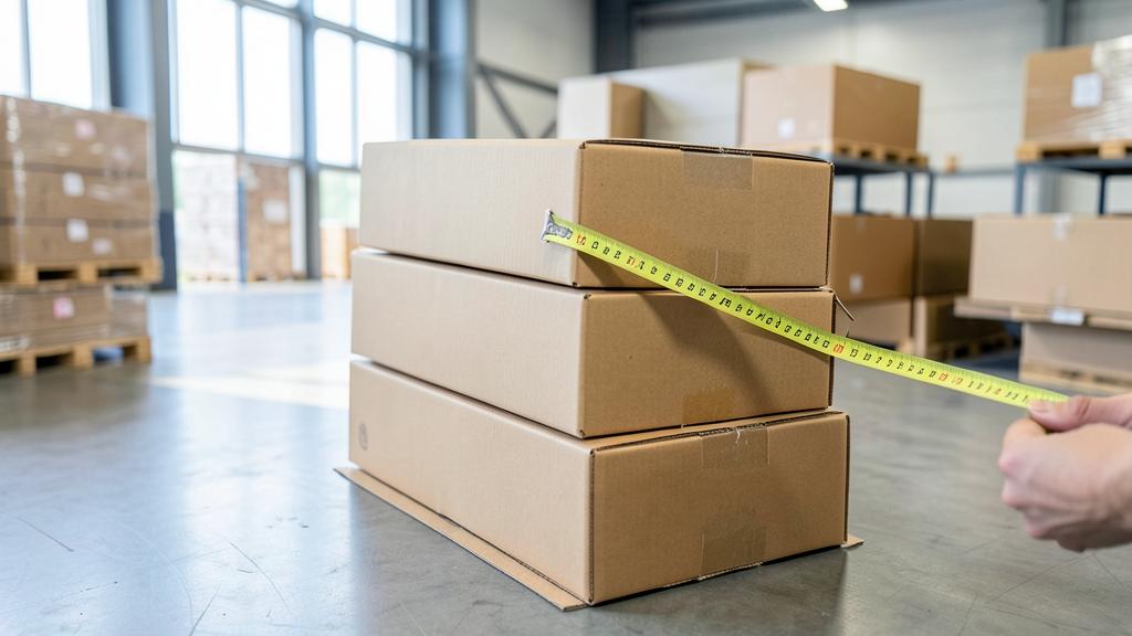 Export cartons being measured with a tape measure in a warehouse