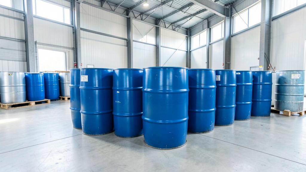 Blue chemical drums and IBC totes in a chemical storage warehouse