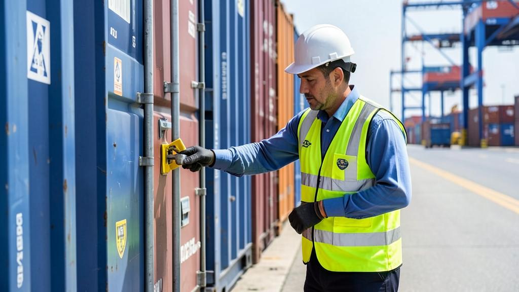 Customs officer inspecting a shipping container seal at a port terminal
