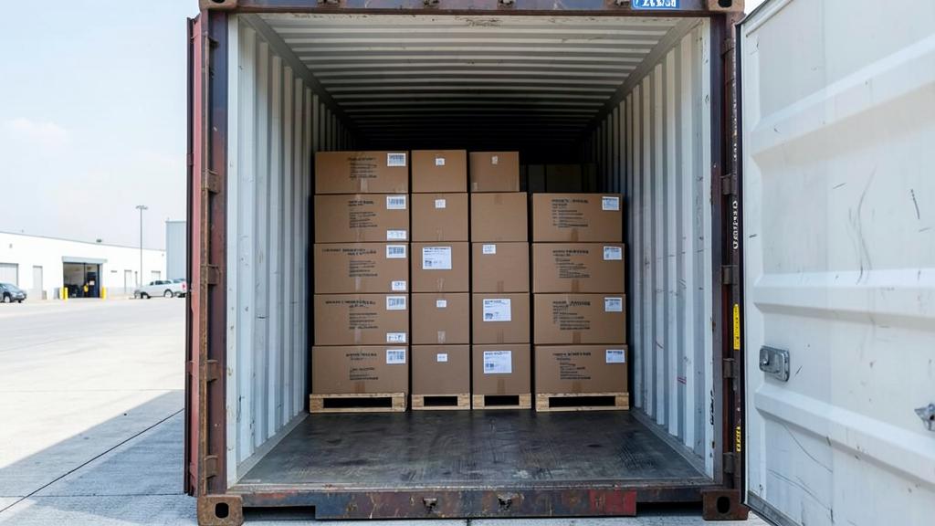 Open 40ft shipping container loaded with stacked cartons