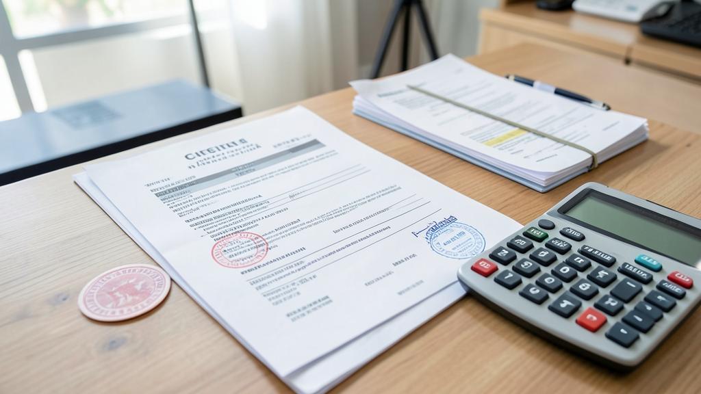 Customs import declaration paperwork and a calculator on a desk