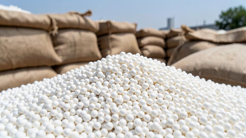 Heap of white urea fertilizer granules beside jute bags