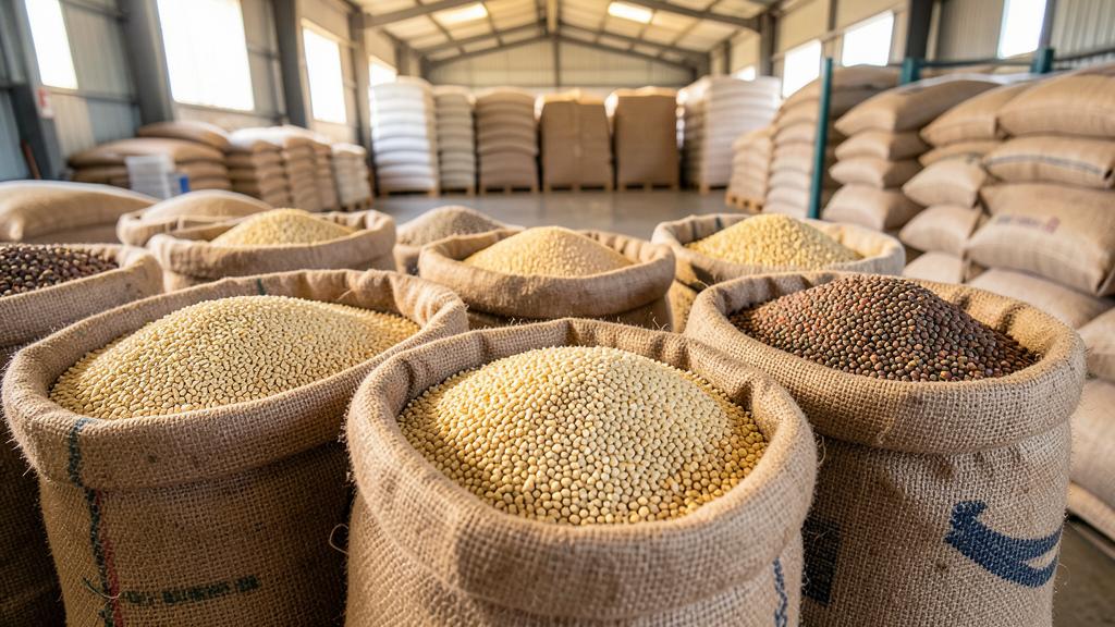 Open sacks of rice, wheat and pulses in a grain warehouse