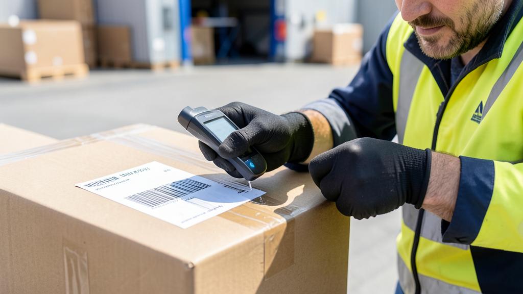 Warehouse worker scanning a barcode label on an export carton