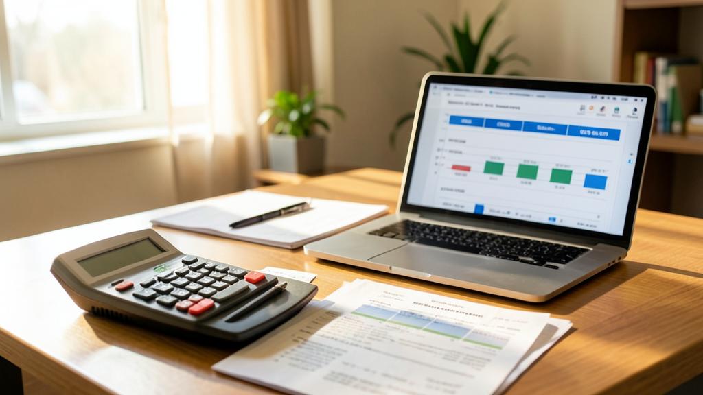 Trade finance desk with calculator, invoices and cost charts on a laptop