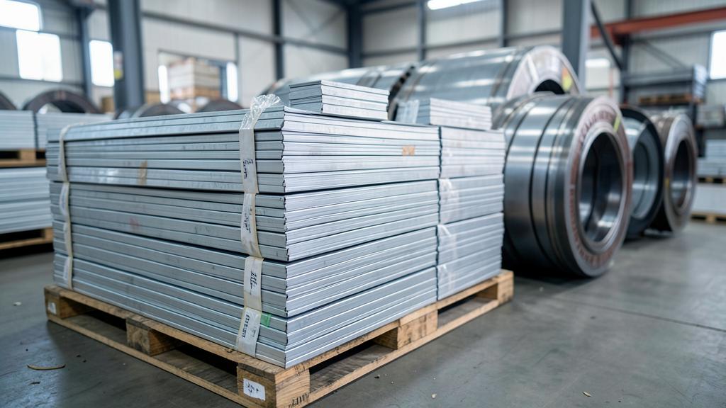 Aluminium ingots and steel HRC coils stacked in a metals warehouse