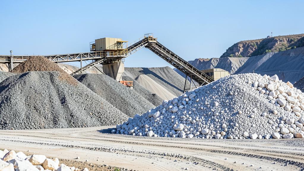 Bulk mineral ore and limestone stockpiles at a quarry with conveyor