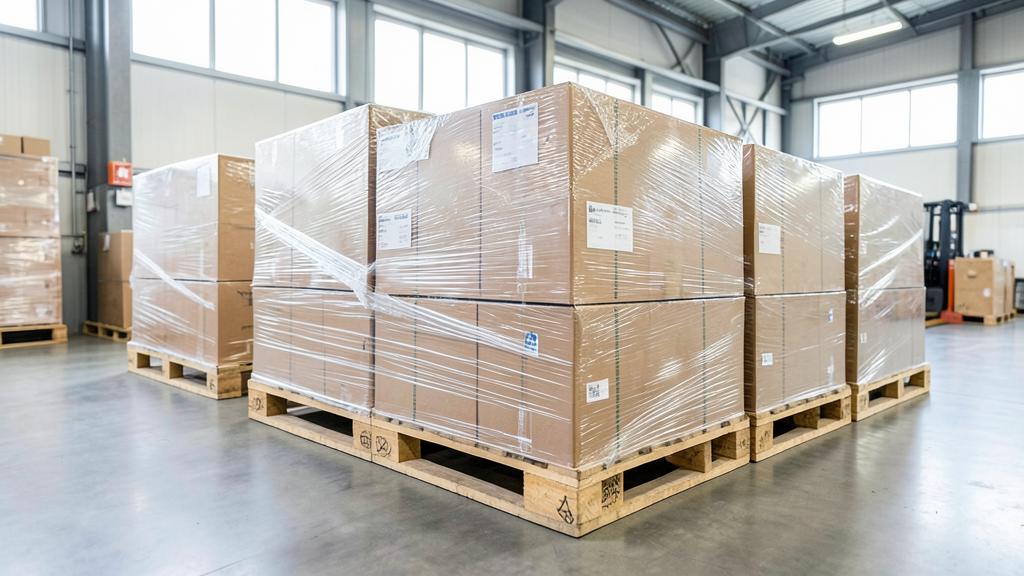 Shrink-wrapped export cartons stacked on wooden pallets
