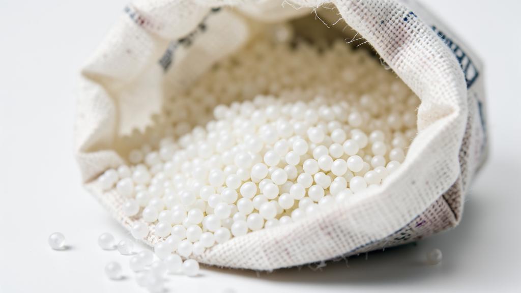 White polymer resin pellets spilling from an industrial bag