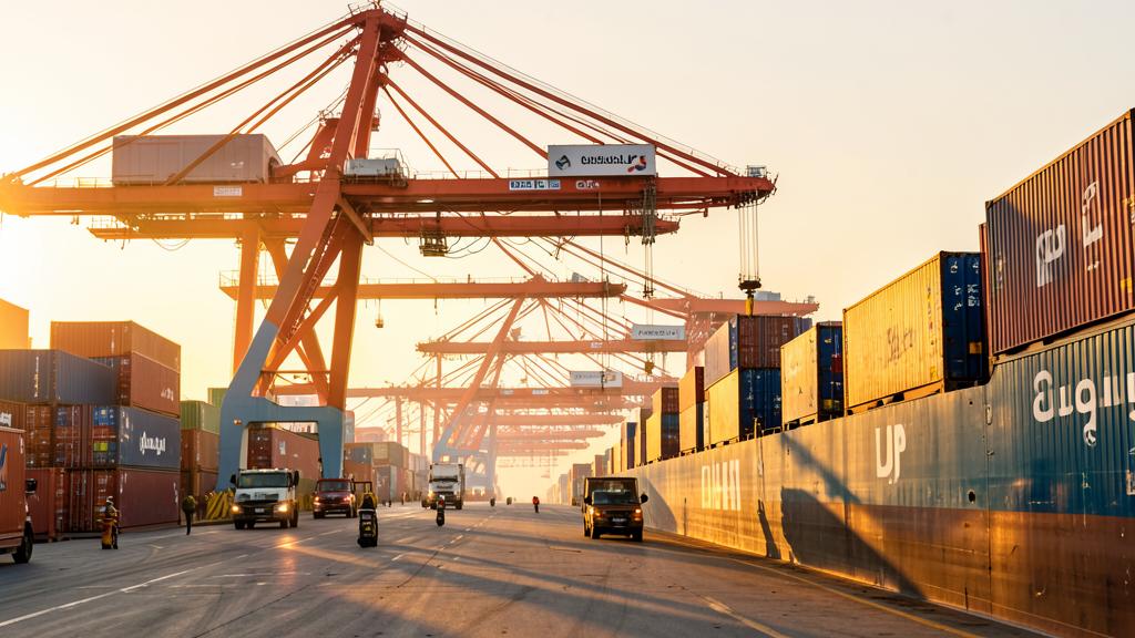 Gantry cranes loading containers onto a vessel at a container terminal