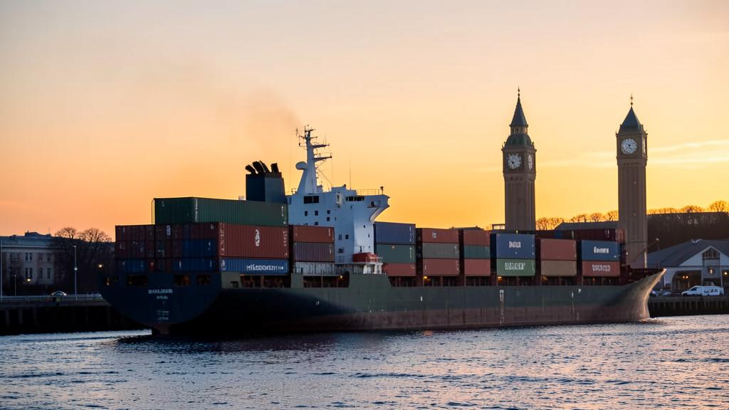 Container vessel departing port at dawn, illustrating transit time