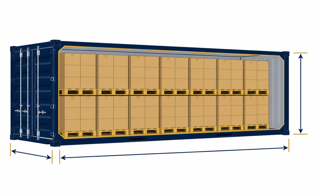 GCC container loading calculator diagram showing pallet arrangement and stacking inside a 40ft shipping container with length, width and height dimensions