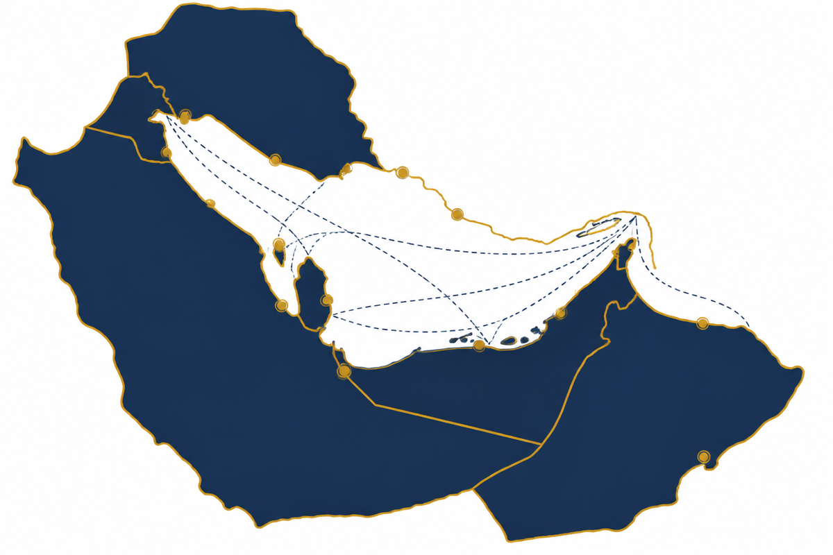 GCC coverage map showing DocMakTrade market intelligence across UAE, Saudi Arabia, Oman, Qatar, Kuwait, Bahrain and Iraq with major sea ports and shipping lanes